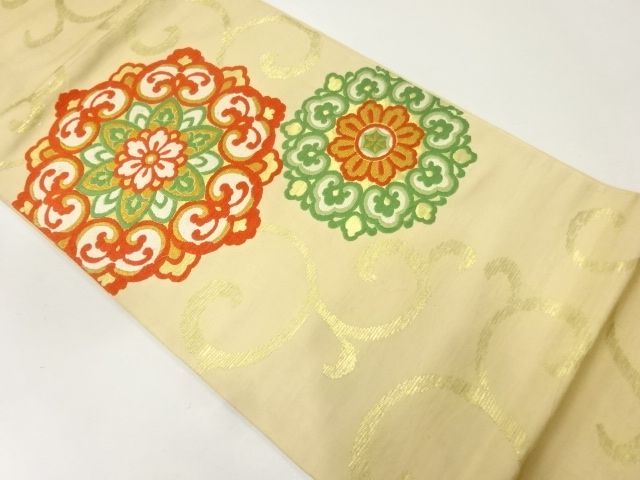 JAPANESE KIMONO / ANTIQUE FUKURO OBI / SILK / WOVEN FLORAL CREST